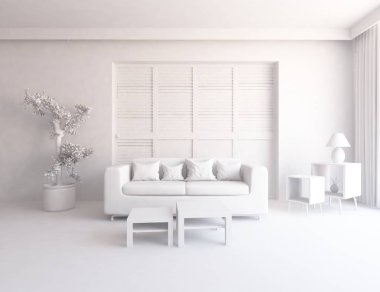 Beyaz Oda iç mobilya ile. İskandinav iç tasarım. 3D çizim