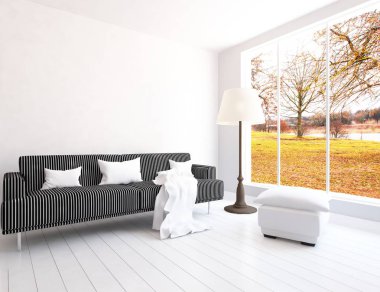 Bir İskandinav oturma odası iç kanepe ve yastıklar, ahşap zemin ve büyük duvar dekor ile fikir. Ev nordic iç. 3D çizim - illüstrasyon