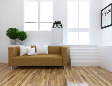 Bir beyaz İskandinav oturma odası iç kanepe, bitkiler, ahşap zemin ile fikir. Ev nordic iç. 3D çizim 