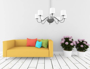 Bir beyaz İskandinav oturma odası iç kanepe, bitkiler ahşap zemin ile fikir. Ev nordic iç. 3D çizim 