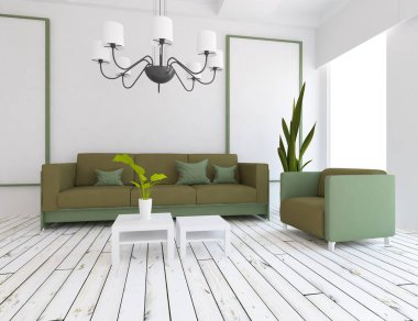 Bir beyaz İskandinav oturma odası iç kanepe ve bitki ile fikir. Ev nordic iç. 3D çizim 