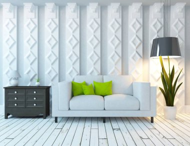 Bir beyaz İskandinav oturma odası iç kanepe ve bitki ile fikir. Ev nordic iç. 3D çizim 