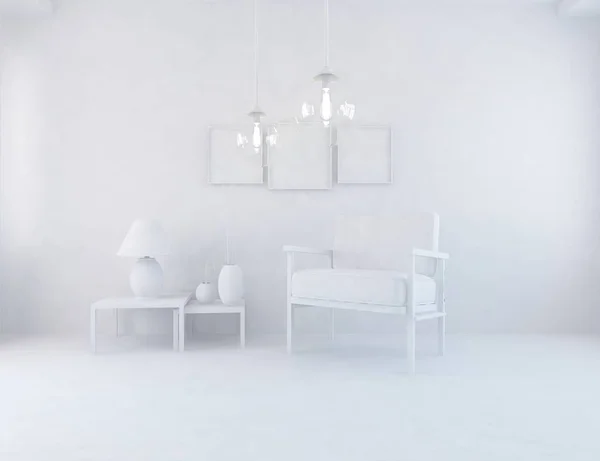 white room interior with furniture. Scandinavian interior design. 3d illustration