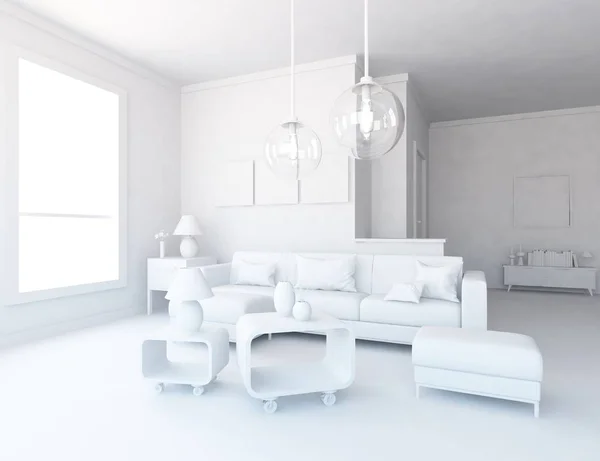 Witte Kamer Interieur Met Meubilair Scandinavische Interieur Illustratie — Stockfoto