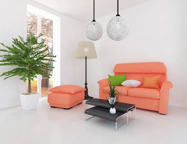 Idee Eines Weißen Skandinavischen Wohnzimmers Mit Sofa Bepflanztem Holzboden Heimat — Stockfoto