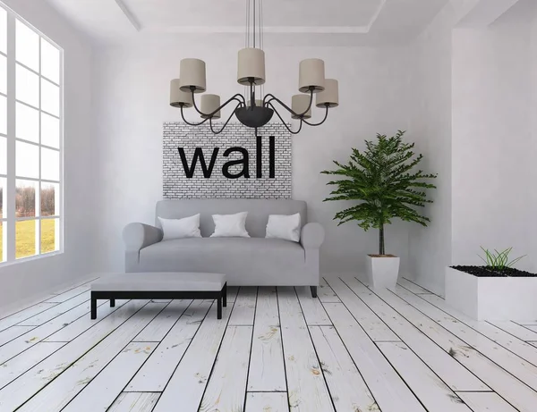 Ideia Interior Sala Estar Escandinavo Branco Com Sofá Plantas Piso — Fotografia de Stock
