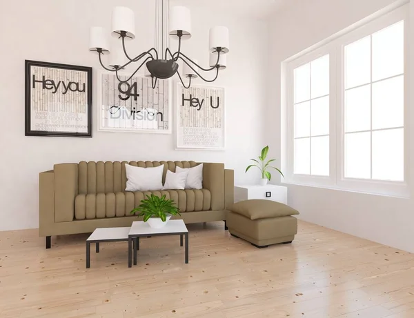 Idea of a white scandinavian living room interior with sofa ,plants , wooden floor  . Home nordic interior. 3D illustration