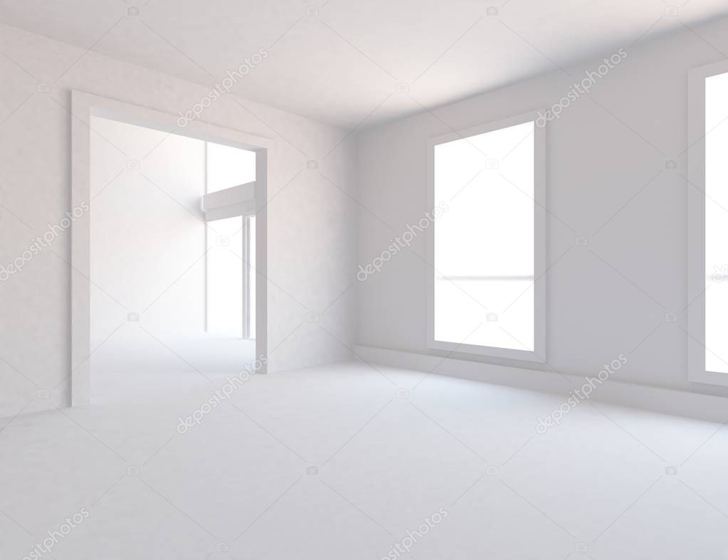 white room interior with windows . Scandinavian interior design. 3d illustration