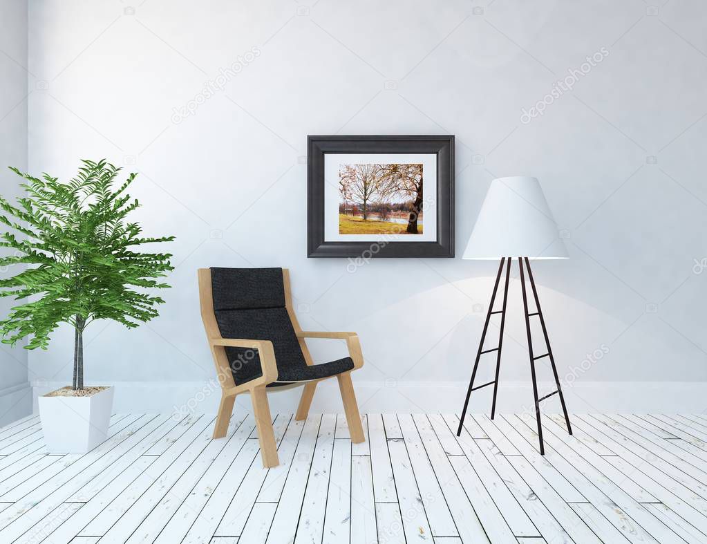 Idea of a  empty scandinavian room interior with lamp on wooden floor . Home nordic interior. 3D illustration - Illustration