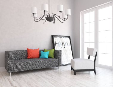 Bir İskandinav oturma odası iç kanepe ve yastıklar, ahşap zemin ve büyük duvar dekor ile fikir. Ev nordic iç. 3D çizim - illüstrasyon