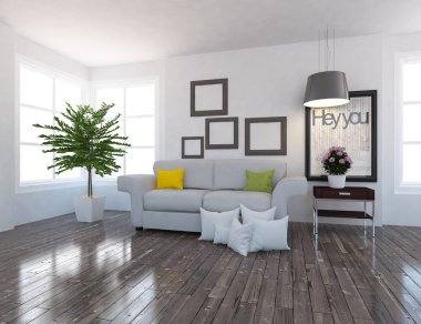 Bir beyaz İskandinav oturma odası iç kanepe ve bitki ile fikir. Ev nordic iç. 3D çizim 