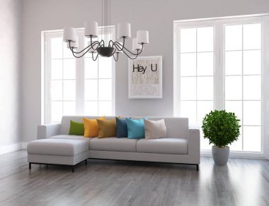 Bir beyaz İskandinav oturma odası iç kanepe ve bitki ile fikir. Ev nordic iç. 3D çizim 