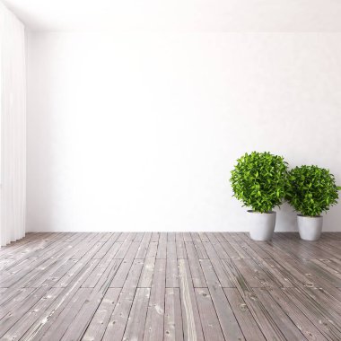 Beyaz boş İskandinav odası iç ahşap zemin üzerinde vazo ile fikir. Ev nordic iç. 3D çizim 