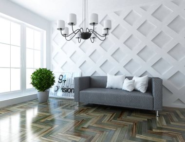 Bir beyaz İskandinav oturma odası iç kanepe ve bitki ile fikir. Ev nordic iç. 3D çizim 