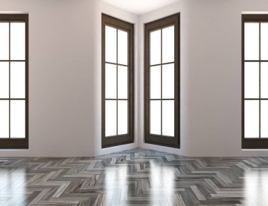 Beyaz Oda iç windows ile. İskandinav iç tasarım. 3D çizim