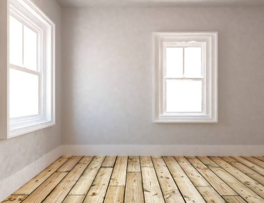 Beyaz Oda iç windows ile. İskandinav iç tasarım. 3D çizim