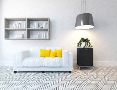 Bir beyaz İskandinav oturma odası iç kanepe ve bitki ile fikir. Ev nordic iç. 3D çizim 