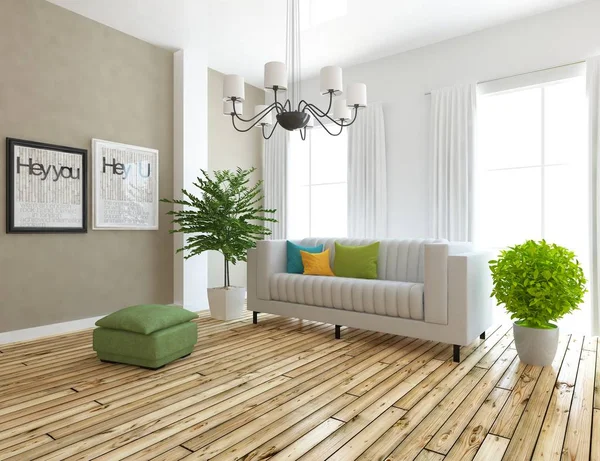 一个白色的斯堪的纳维亚客厅内部与沙发 植物木地板的想法 家北欧内饰 — 图库照片