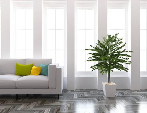 一个白色的斯堪的纳维亚客厅内部与沙发和植物的想法 家北欧内饰 — 图库照片