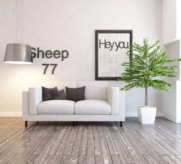 Idea of a white scandinavian living room interior with sofa and   plant  . Home nordic interior. 3D illustration