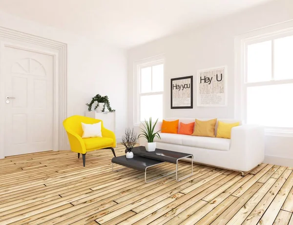 Idea White Scandinavian Living Room Interior Sofa Plants Wooden Floor — стоковое фото