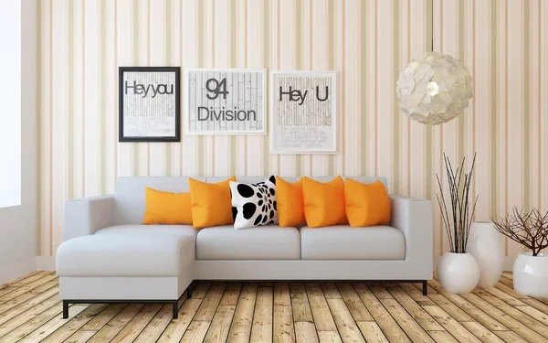 Idea White Scandinavian Living Room Interior Sofa Plants Wooden Floor — стоковое фото