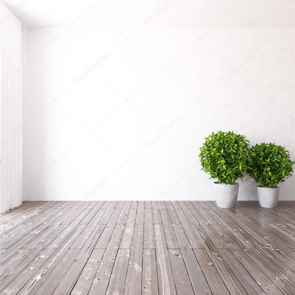 Idea of a white empty scandinavian room interior with vases on wooden floor . Home nordic interior. 3D illustration 