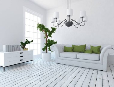 Bir beyaz İskandinav oturma odası iç kanepe, bitkiler ve ahşap zemin ile fikir. Ev nordic iç. 3D çizim 