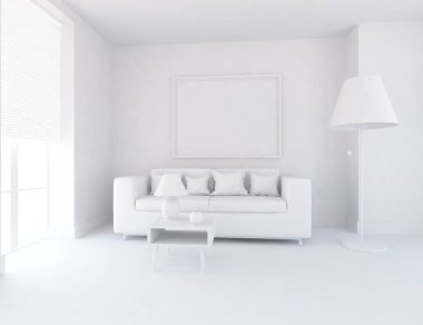 Beyaz Oda iç mobilya ile. İskandinav iç tasarım. 3D çizim