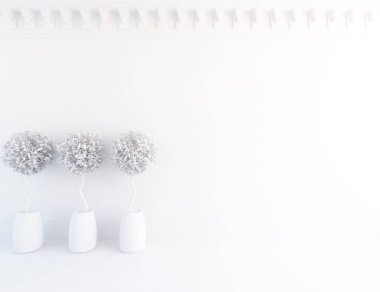 Beyaz boş İskandinav odası iç ahşap zemin üzerinde vazo ile fikir. Ev nordic iç. 3D çizim 