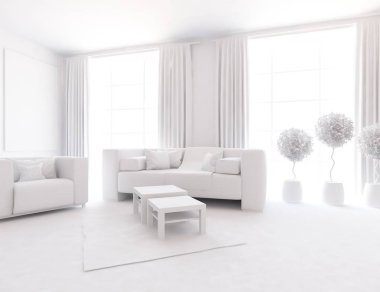 Beyaz Oda iç mobilya ile. İskandinav iç tasarım. 3D çizim