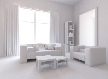 Bir İskandinav oturma odası iç kanepe, ahşap zemin ve büyük duvar dekor ile fikir. Ev nordic iç. 3D çizim - illüstrasyon