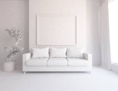 Beyaz Oda iç mobilya ile. İskandinav iç tasarım. 3D çizim