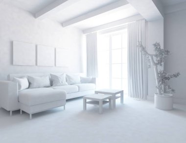 Beyaz Oda iç mobilya ile. İskandinav iç tasarım. 3D çizim