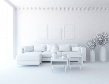 Beyaz Oda iç mobilya ile. İskandinav iç tasarım. 3D çizim