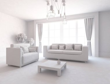 Beyaz Oda iç mobilya ile. İskandinav iç tasarım. 3D çizim