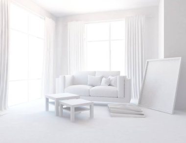 Beyaz Oda iç mobilya ile. İskandinav iç tasarım. 3D çizim
