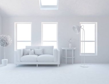 Beyaz Oda iç mobilya ile. İskandinav iç tasarım. 3D çizim