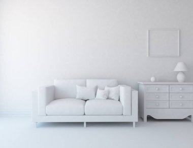 Beyaz Oda iç mobilya ile. İskandinav iç tasarım. 3D çizim