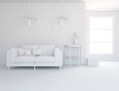 Beyaz Oda iç mobilya ile. İskandinav iç tasarım. 3D çizim