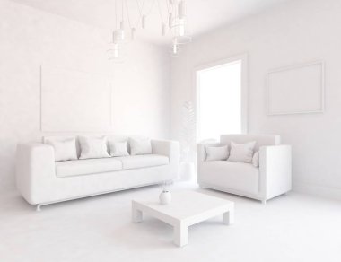 Beyaz Oda iç mobilya ile. İskandinav iç tasarım. 3D çizim