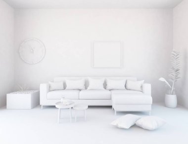 Beyaz Oda iç mobilya ile. İskandinav iç tasarım. 3D çizim