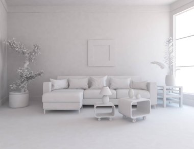 Beyaz Oda iç mobilya ile. İskandinav iç tasarım. 3D çizim
