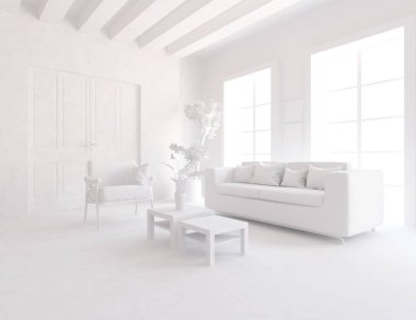 Beyaz Oda iç mobilya ile. İskandinav iç tasarım. 3D çizim