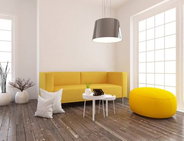 Bir beyaz İskandinav oturma odası iç kanepe, bitkiler ve ahşap zemin ile fikir. Ev nordic iç. 3D çizim 