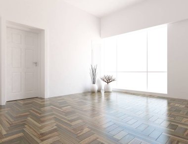 Beyaz boş İskandinav odası iç ahşap zemin üzerinde vazo ile fikir. Ev nordic iç. 3D çizim 