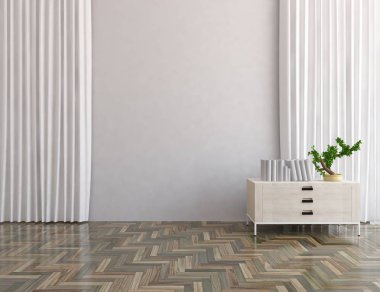 Beyaz boş İskandinav odası iç ahşap zemin üzerinde şifoniyer ile fikir. Ev nordic iç. 3D çizim