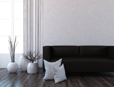 Bir beyaz İskandinav oturma odası iç kanepe, bitkiler ve ahşap zemin ile fikir. Ev nordic iç. 3D çizim 