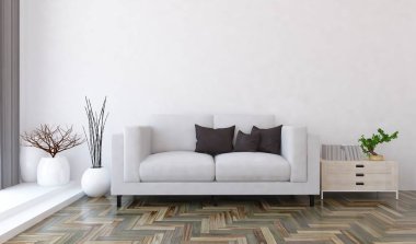 Bir beyaz İskandinav oturma odası iç kanepe, bitkiler ve ahşap zemin ile fikir. Ev nordic iç. 3D çizim 