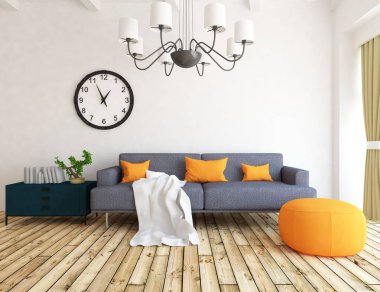 Bir beyaz İskandinav oturma odası iç kanepe ve bitki ile fikir. Ev nordic iç. 3D çizim 
